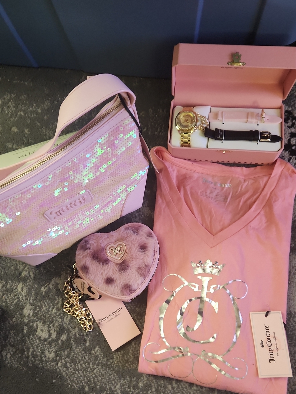 Juicy Couture Sequin Bag w/ Plush Heart Coin Purse Shirt & Watch W/ Band Change